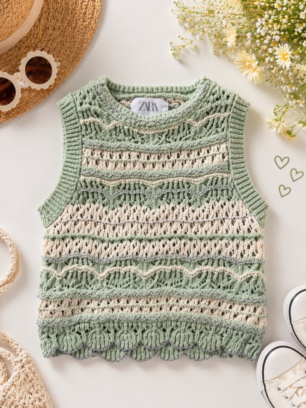 ZARA Girls Zara Knit Sweater Tank Top Sage Green Cream Size 9/10 Boho